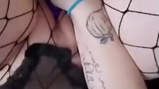 Petite girlfriend in fishnets plays for neighbor