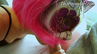 Passionate Sloppy Blowjob from Stepsister Pink Hair + Mask + Oral Creampie