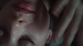 Cumshot slut with pink hair on her face while she was sleeping