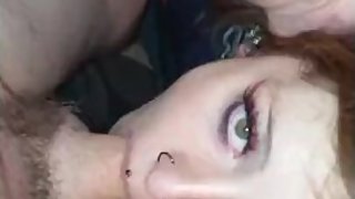 Redhead teen choking on mature cock