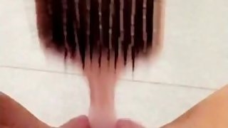 Naughty teen fucks her tiny pussy with hairbrush in school bathroom