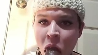 Sucking dildo while tied by the hands and neck, submissive