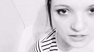 This slut sucks him and licks his cum after he pissed on her