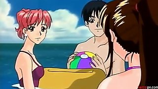 Nasty hentai girl blowing three cocks underwater