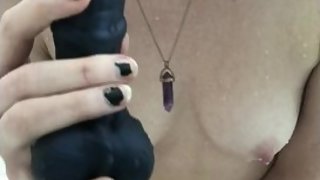 Petite teen redhead sucks and fucks dildo in the shower